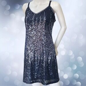 Skies are Blue Women's Navy Blue Ombre Sequins Strappy Mini Dress in Size L NWT!